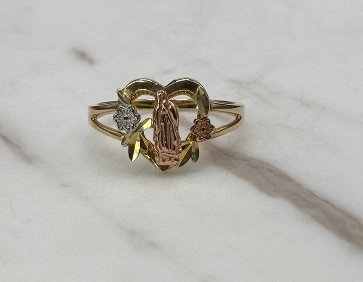 10K TRI TONE GOLD VIRGIN MARY HEART RING