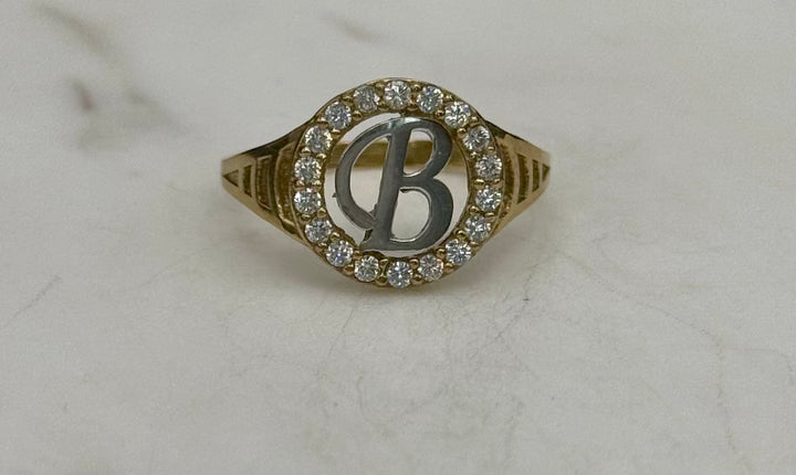 10K GOLD TWO TONE ROUND CZ B INITIAL RING