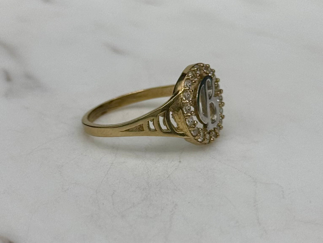 10K GOLD TWO TONE ROUND CZ B INITIAL RING