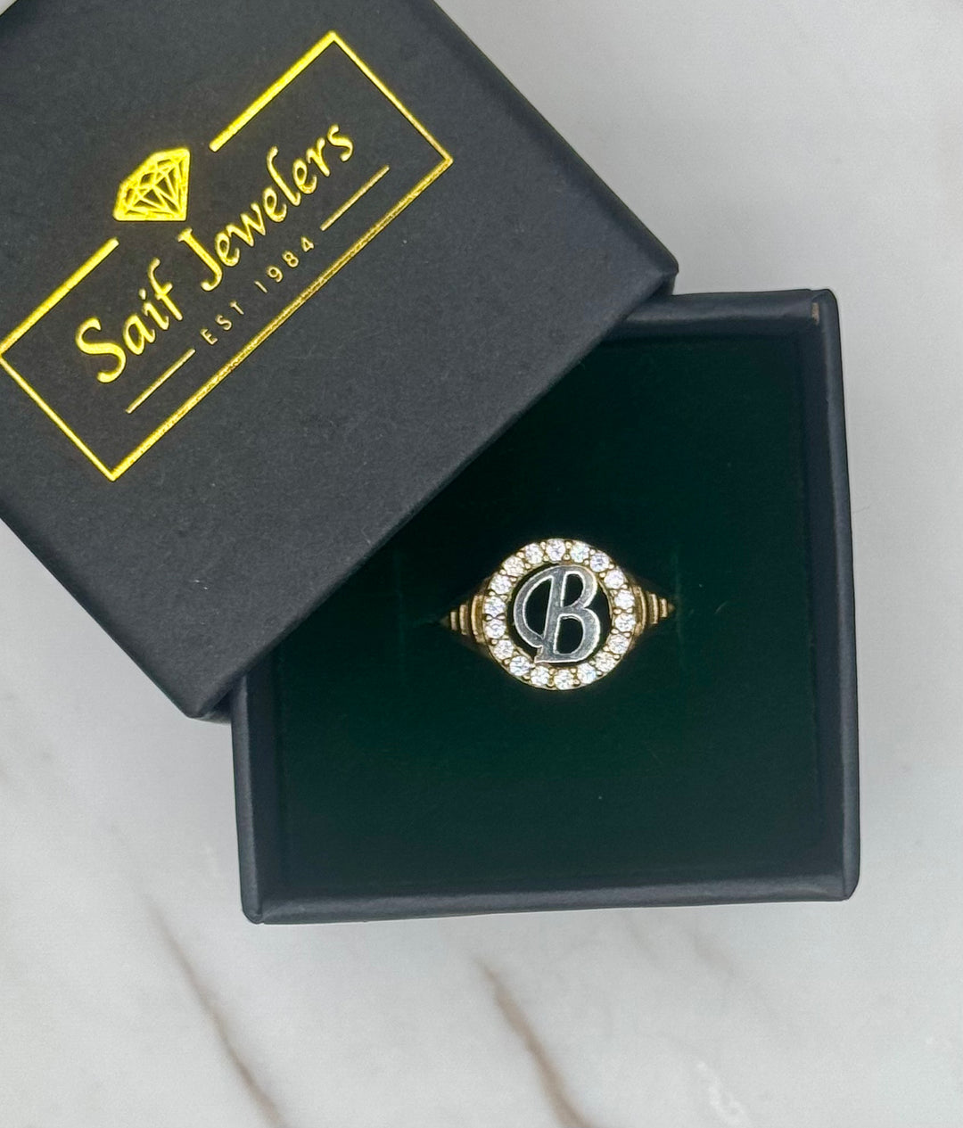 10K GOLD TWO TONE ROUND CZ B INITIAL RING