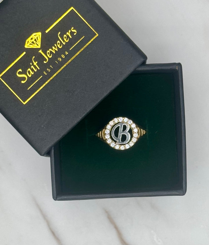 10K GOLD TWO TONE ROUND CZ B INITIAL RING