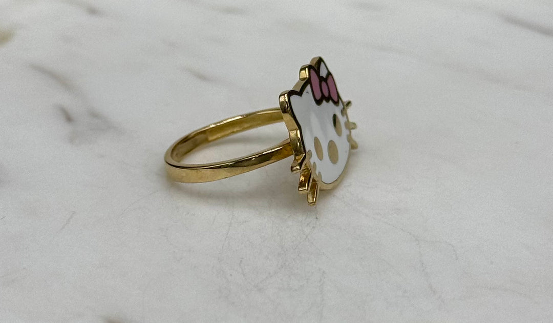 10K GOLD  KITTY FACE WITH PINK AND WHITE ENAMEL RING