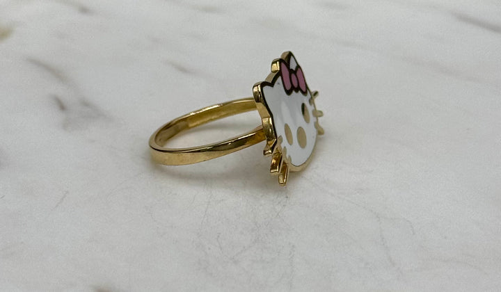 10K GOLD  KITTY FACE WITH PINK AND WHITE ENAMEL RING