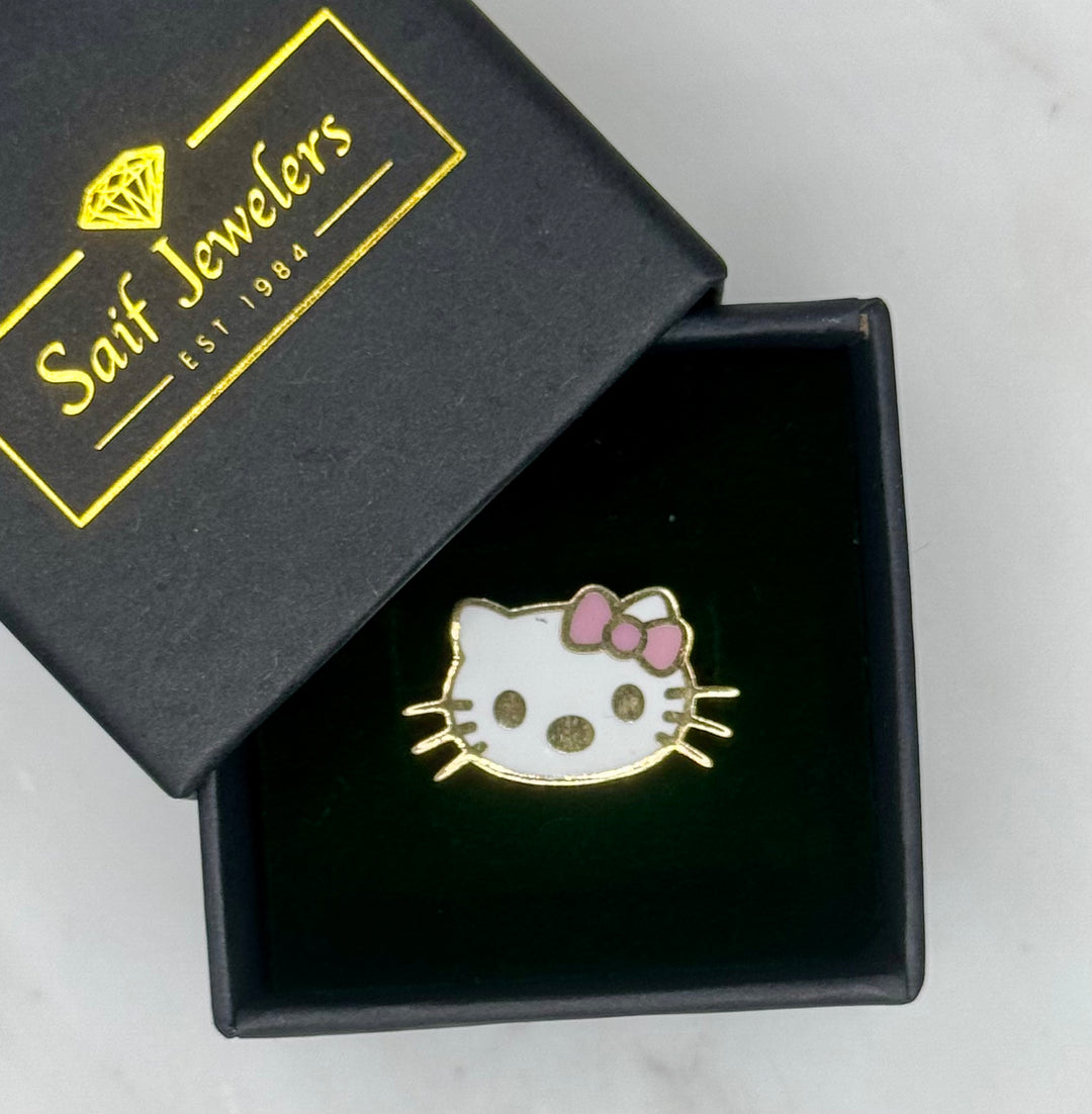 10K GOLD  KITTY FACE WITH PINK AND WHITE ENAMEL RING