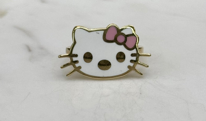 10K GOLD  KITTY FACE WITH PINK AND WHITE ENAMEL RING