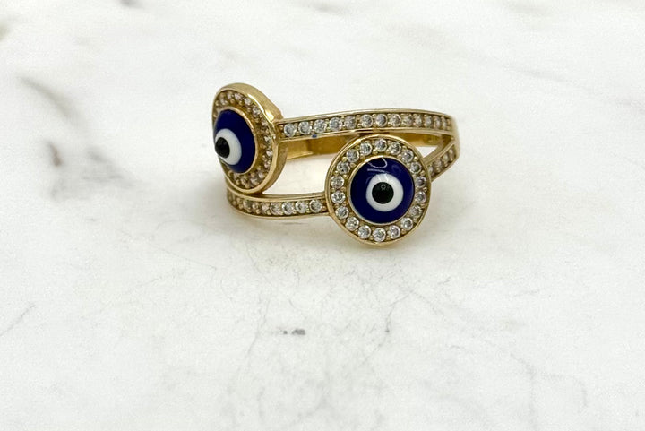 10K GOLD BLUE ENAMEL DOUBLE EVIL EYE CZ RING