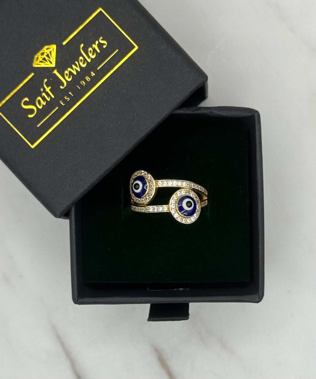 10K GOLD BLUE ENAMEL DOUBLE EVIL EYE CZ RING