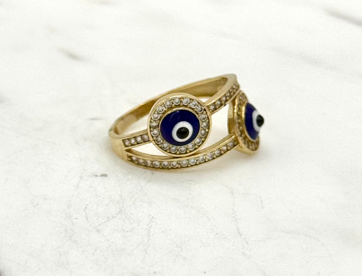 10K GOLD BLUE ENAMEL DOUBLE EVIL EYE CZ RING