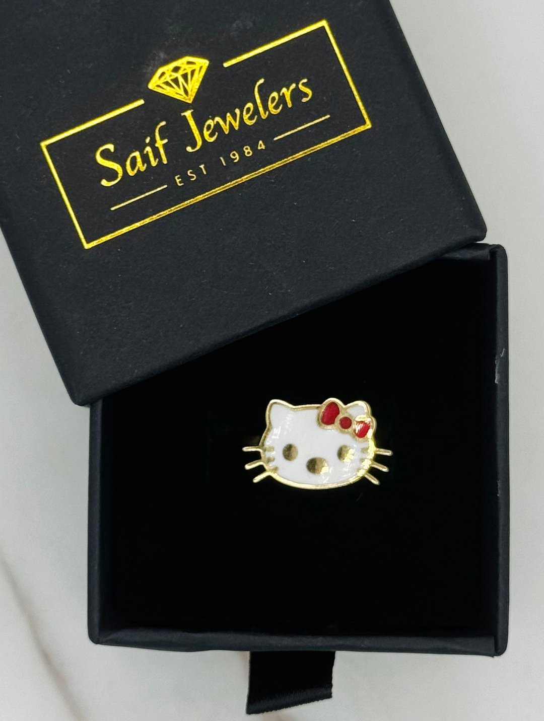 10K GOLD KITTY FACE WITH RED AND WHITE ENAMEL RING