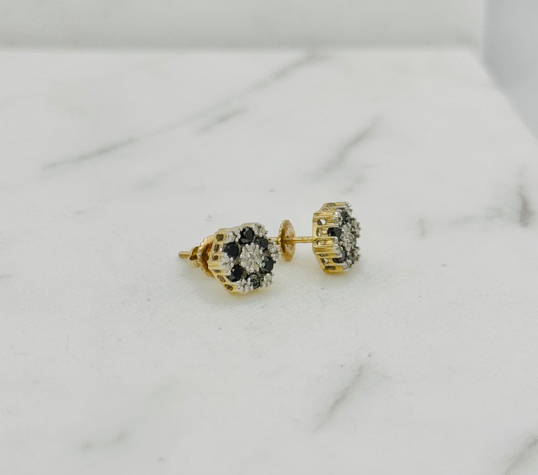 10K GOLD FLOWER BLACK STONE DIAMOND STUDS