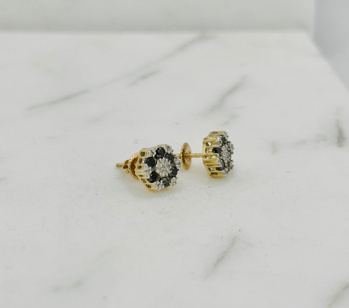 10K GOLD FLOWER BLACK STONE DIAMOND STUDS