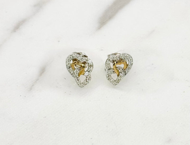 14K GOLD TWO TONE TRIPLE HEART DIAMOND STUDS
