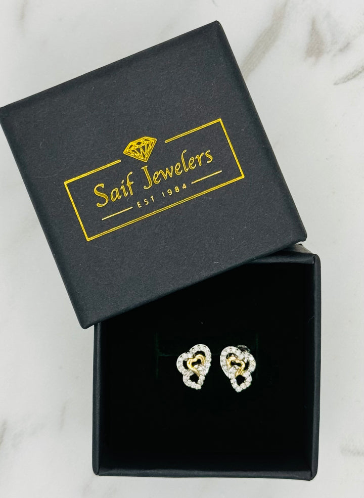 14K GOLD TWO TONE TRIPLE HEART DIAMOND STUDS