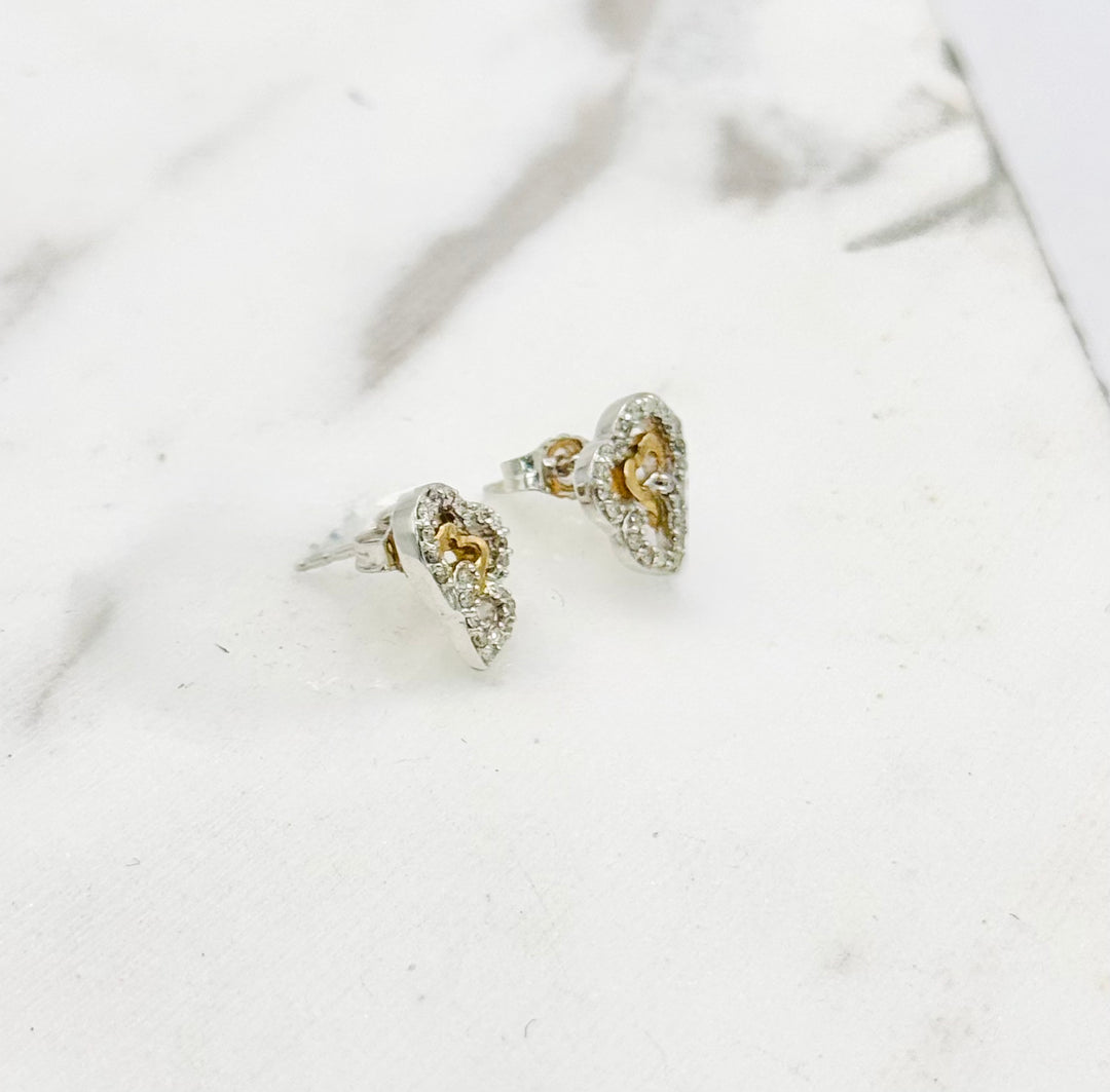 14K GOLD TWO TONE TRIPLE HEART DIAMOND STUDS