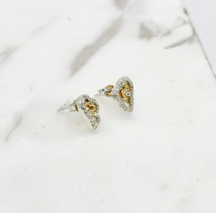 14K GOLD TWO TONE TRIPLE HEART DIAMOND STUDS