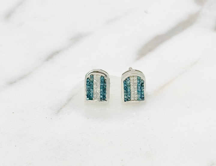 10K GOLD BLUE WITH WHITE WHITE RACING STRIP DIAMOND STUDS