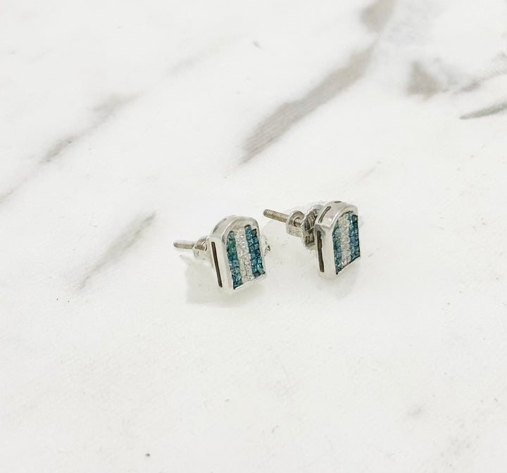 10K GOLD BLUE WITH WHITE WHITE RACING STRIP DIAMOND STUDS
