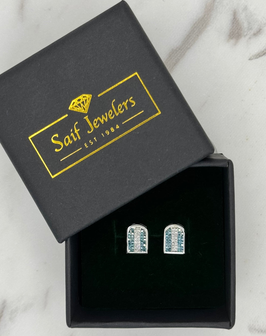 10K GOLD BLUE WITH WHITE WHITE RACING STRIP DIAMOND STUDS