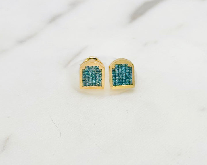 14K GOLD PRINCESSES CUT BLUE DIAMOND STUDS