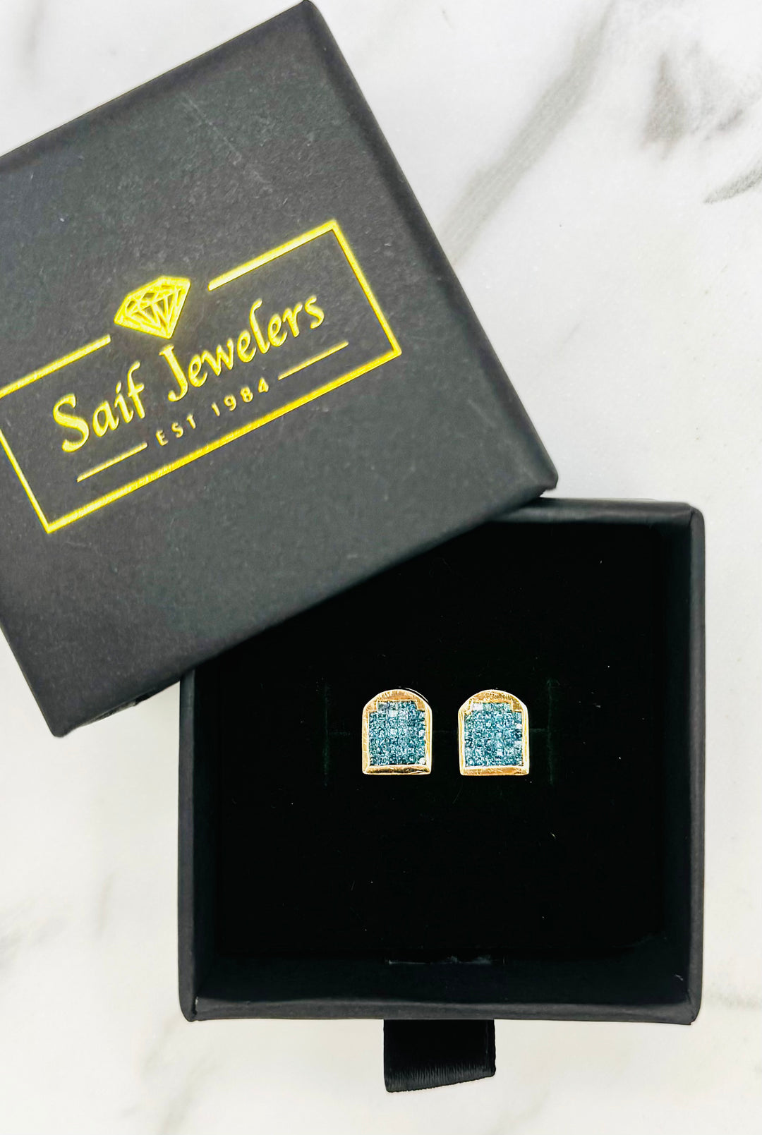 14K GOLD PRINCESSES CUT BLUE DIAMOND STUDS