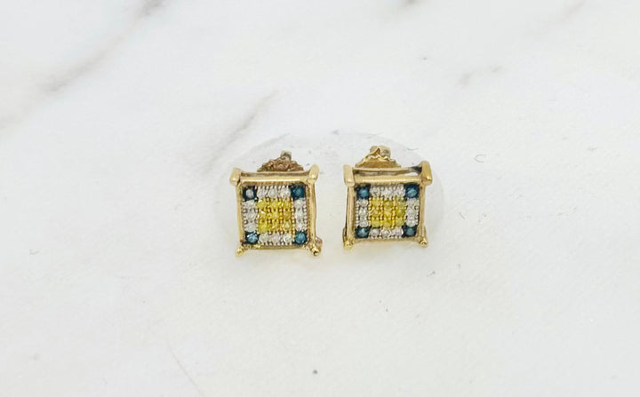 10K GOLD SQUARE TRI COLOR DIAMOND STUDS