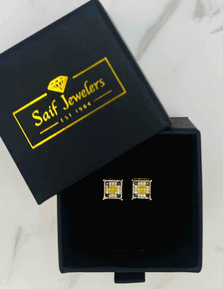 10K GOLD SQUARE TRI COLOR DIAMOND STUDS