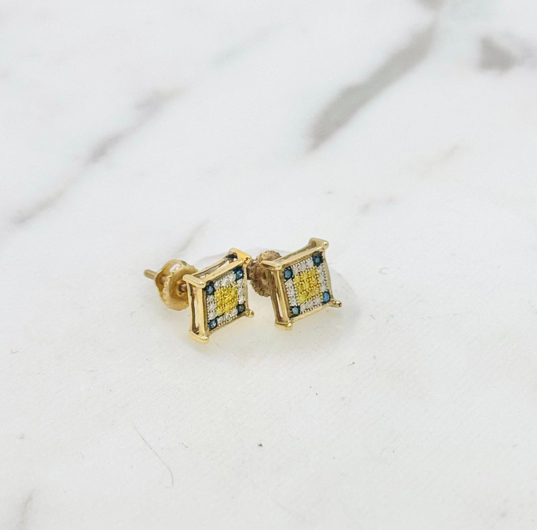 10K GOLD SQUARE TRI COLOR DIAMOND STUDS