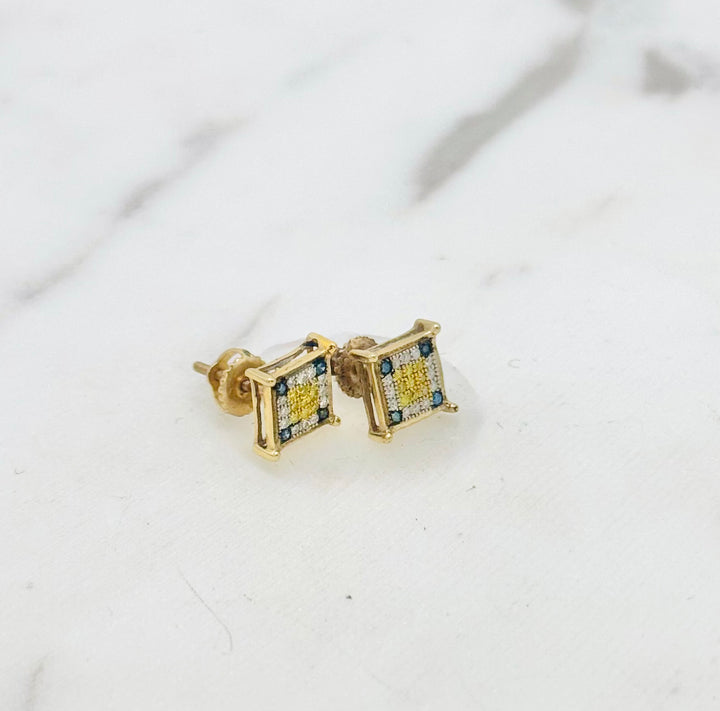 10K GOLD SQUARE TRI COLOR DIAMOND STUDS