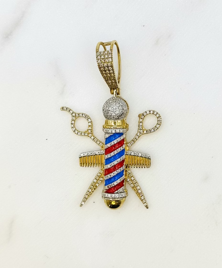 10K GOLD BARBER POLL WITH SCISSOR AND COMB DIAMOND PENDANT