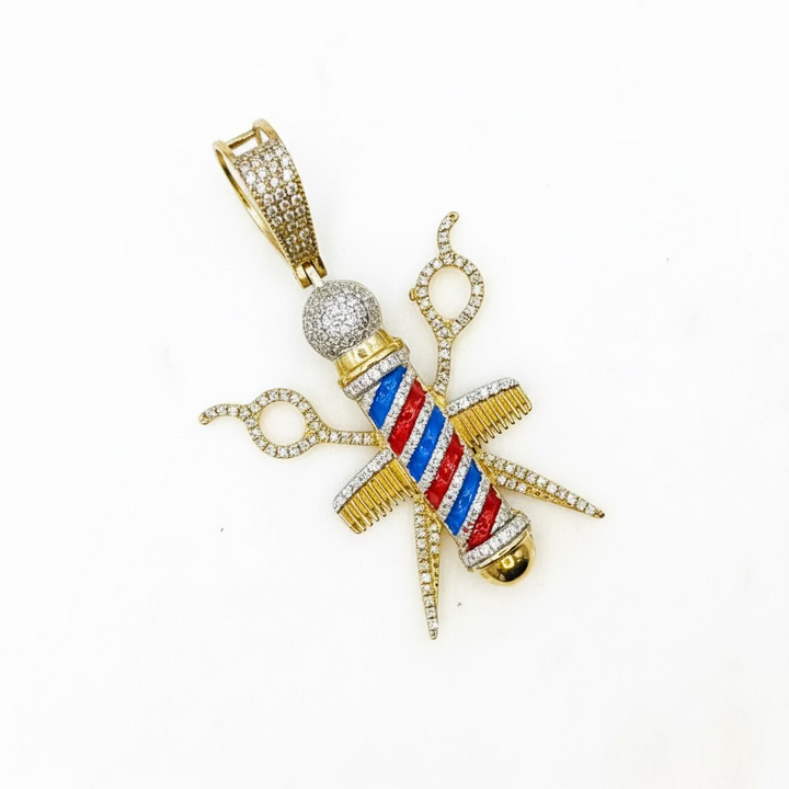 10K GOLD BARBER POLL WITH SCISSOR AND COMB DIAMOND PENDANT