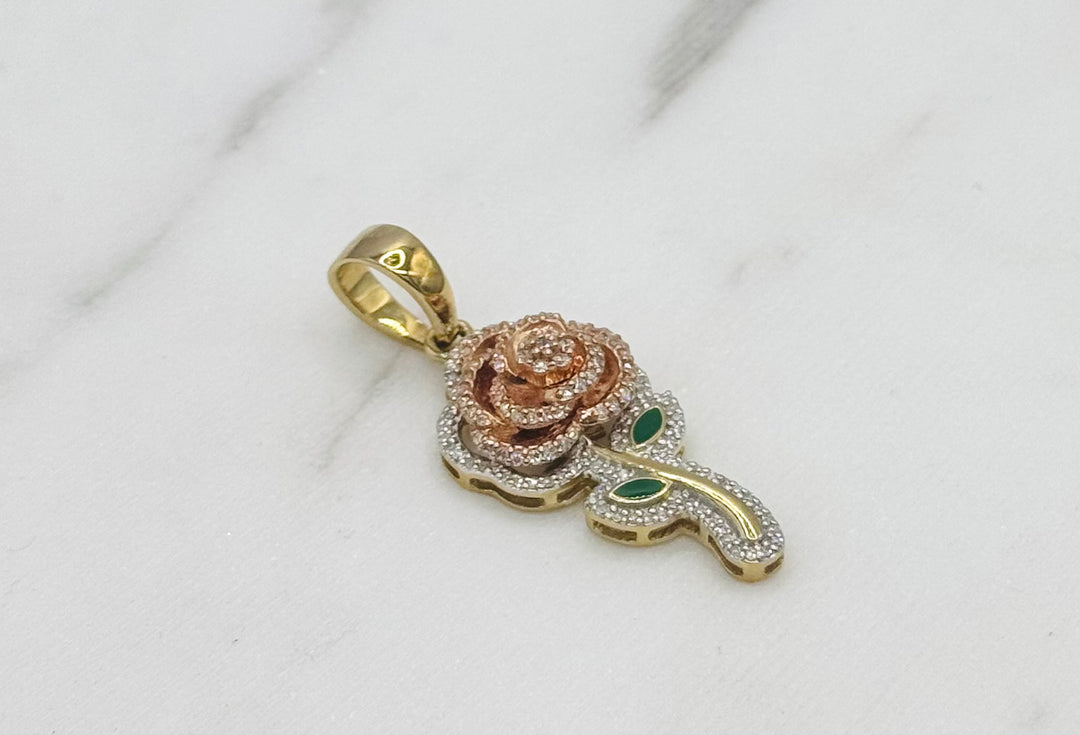 10K GOLD TWO TONE DIAMOND ROSE PENDANT