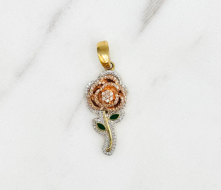 10K GOLD TWO TONE DIAMOND ROSE PENDANT
