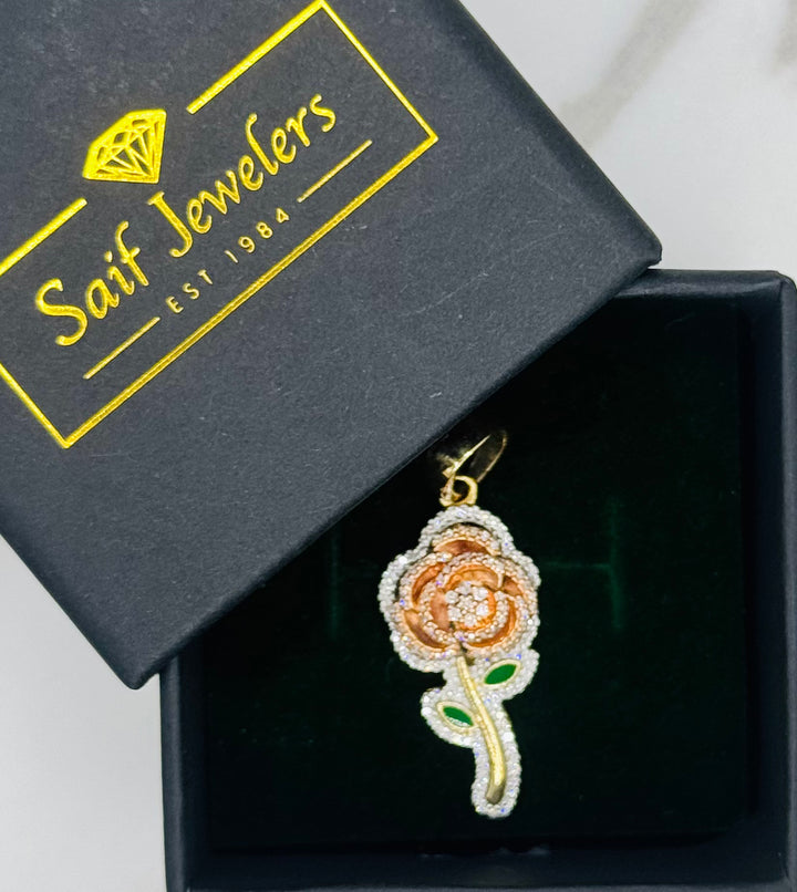 10K GOLD TWO TONE DIAMOND ROSE PENDANT