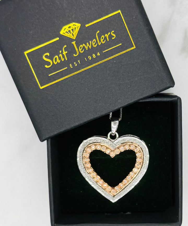 925 SILVER WITH ROSE GOLD DIPPED HEART DIAMOND PENDANT WITH BOX CHAIN
