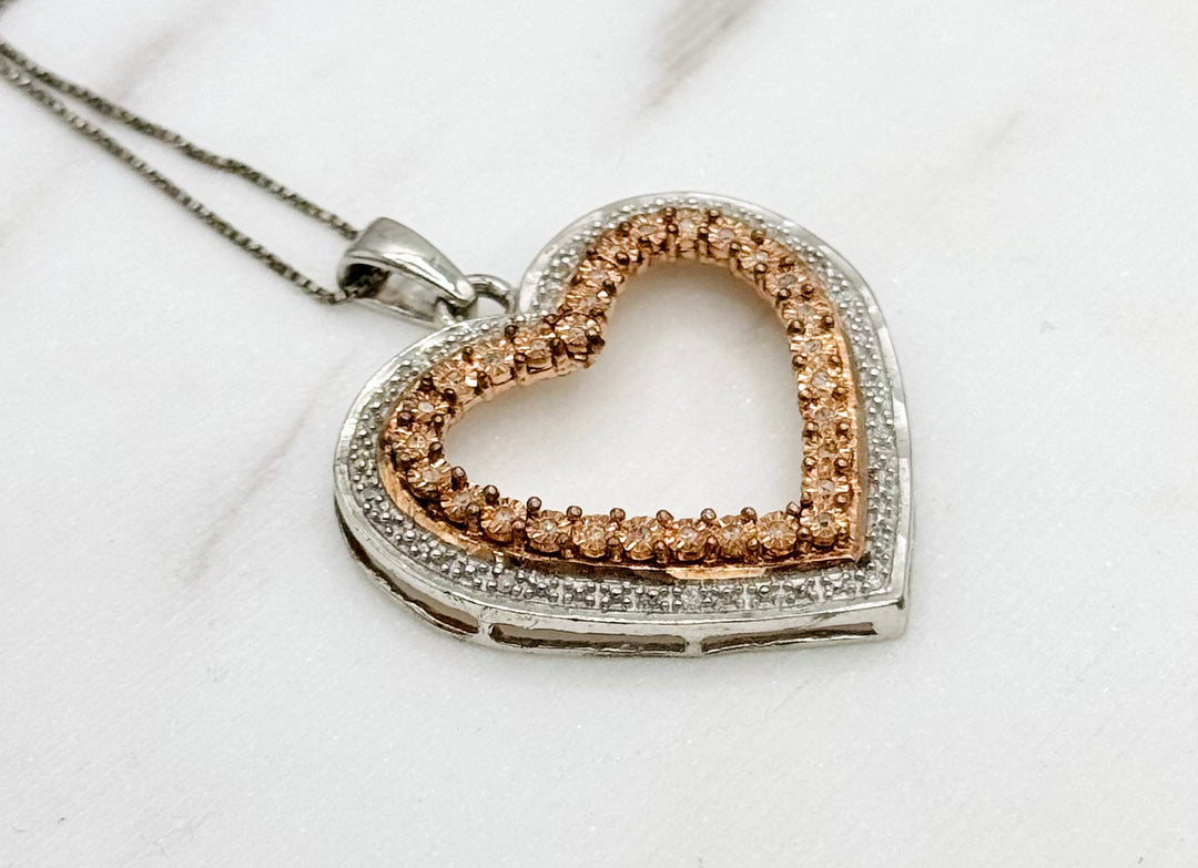 925 SILVER WITH ROSE GOLD DIPPED HEART DIAMOND PENDANT WITH BOX CHAIN