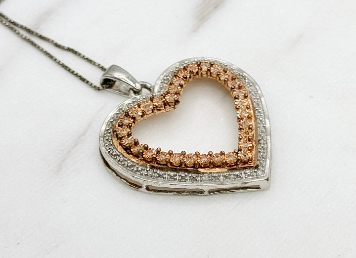 925 SILVER WITH ROSE GOLD DIPPED HEART DIAMOND PENDANT WITH BOX CHAIN