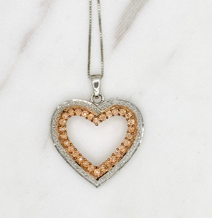 925 SILVER WITH ROSE GOLD DIPPED HEART DIAMOND PENDANT WITH BOX CHAIN