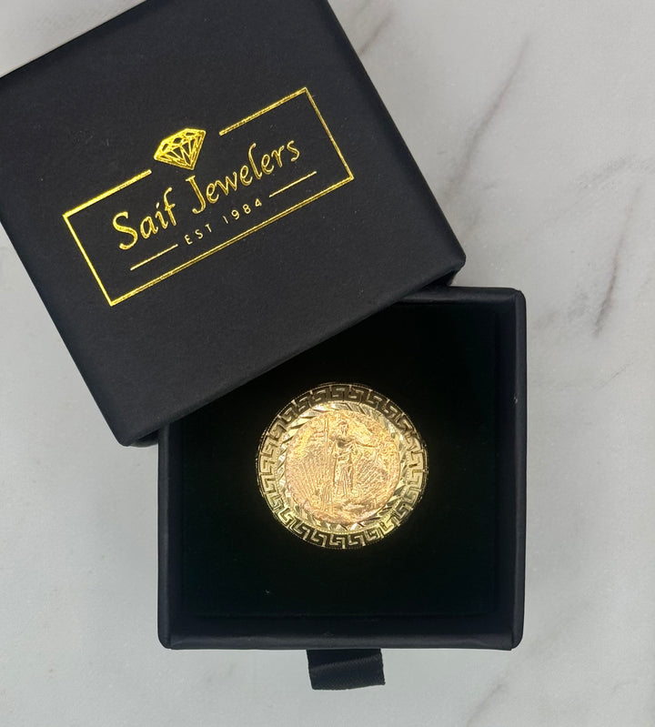10K GOLD GREEK PRINT LADY  LIBERTY COIN RING