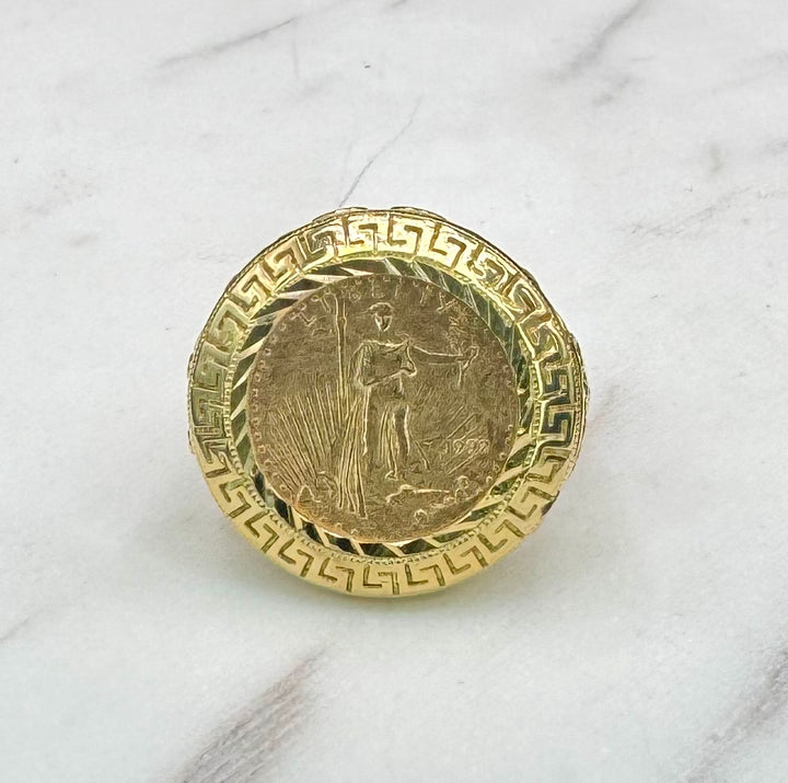 10K GOLD GREEK PRINT LADY  LIBERTY COIN RING