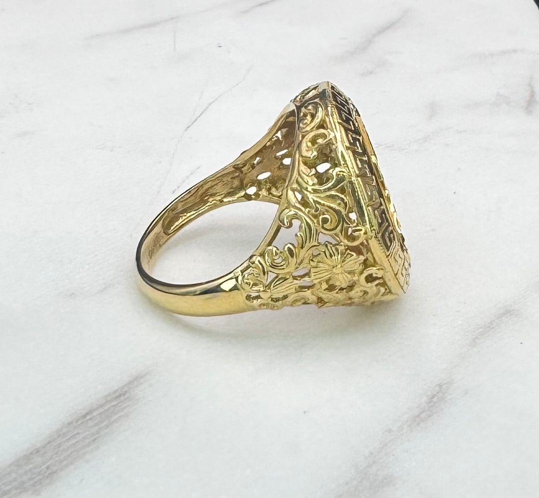 10K GOLD GREEK PRINT LADY  LIBERTY COIN RING