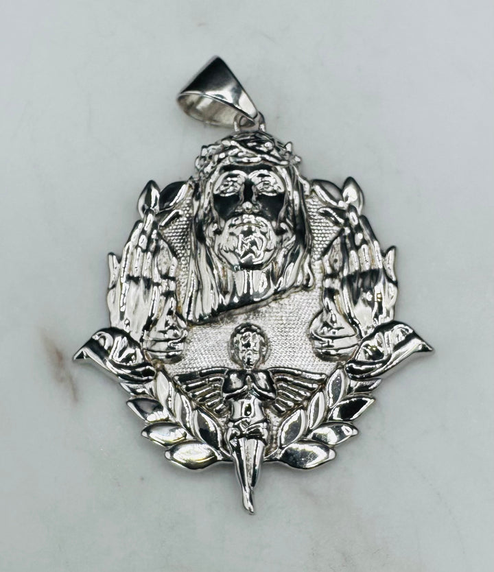 925 SILVER JESUS WITH PRAYING HANDS AND ANGEL PENDANT
