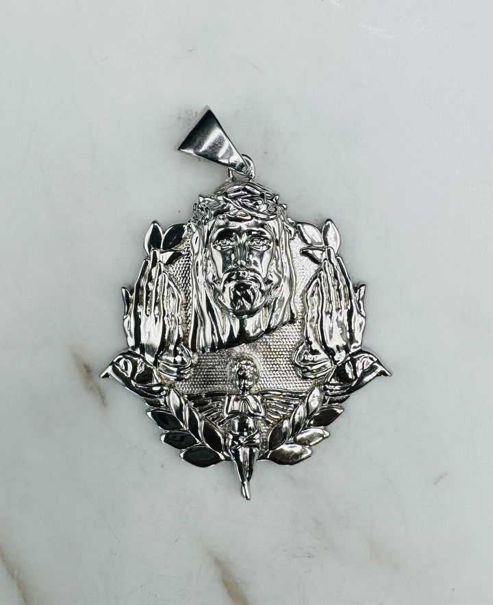 925 SILVER JESUS WITH PRAYING HANDS AND ANGEL PENDANT