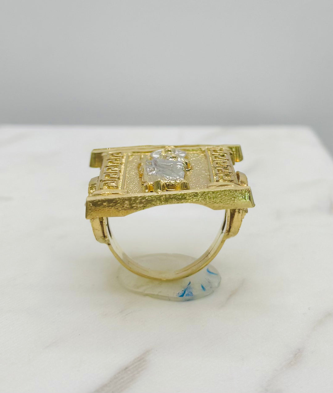 10K YELLOW AND WHITE GOLD SAINT JUDE RING WITH MEDUSA HEAD ON SIDE