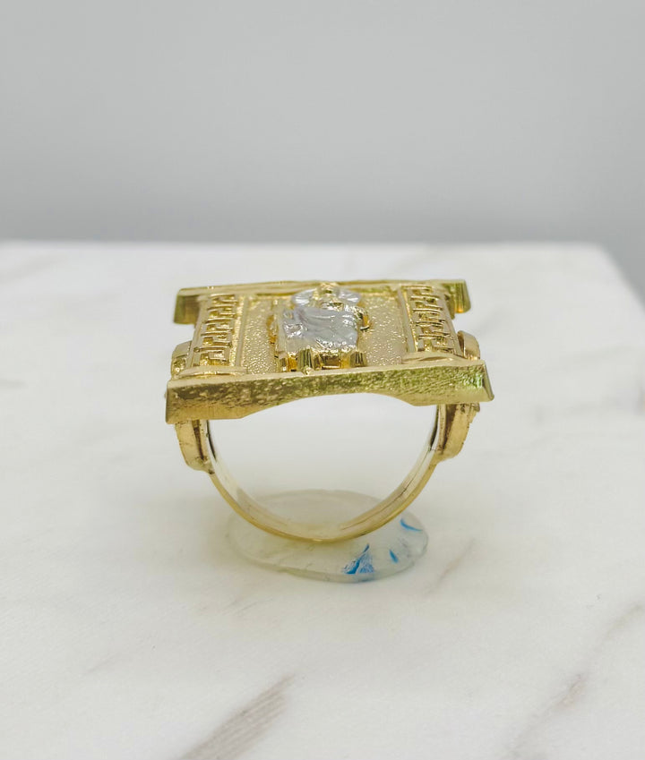 10K YELLOW AND WHITE GOLD SAINT JUDE RING WITH MEDUSA HEAD ON SIDE