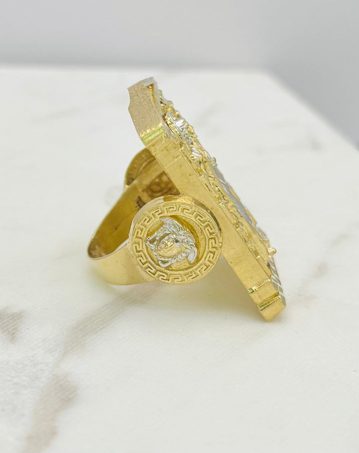 10K YELLOW AND WHITE GOLD SAINT JUDE RING WITH MEDUSA HEAD ON SIDE