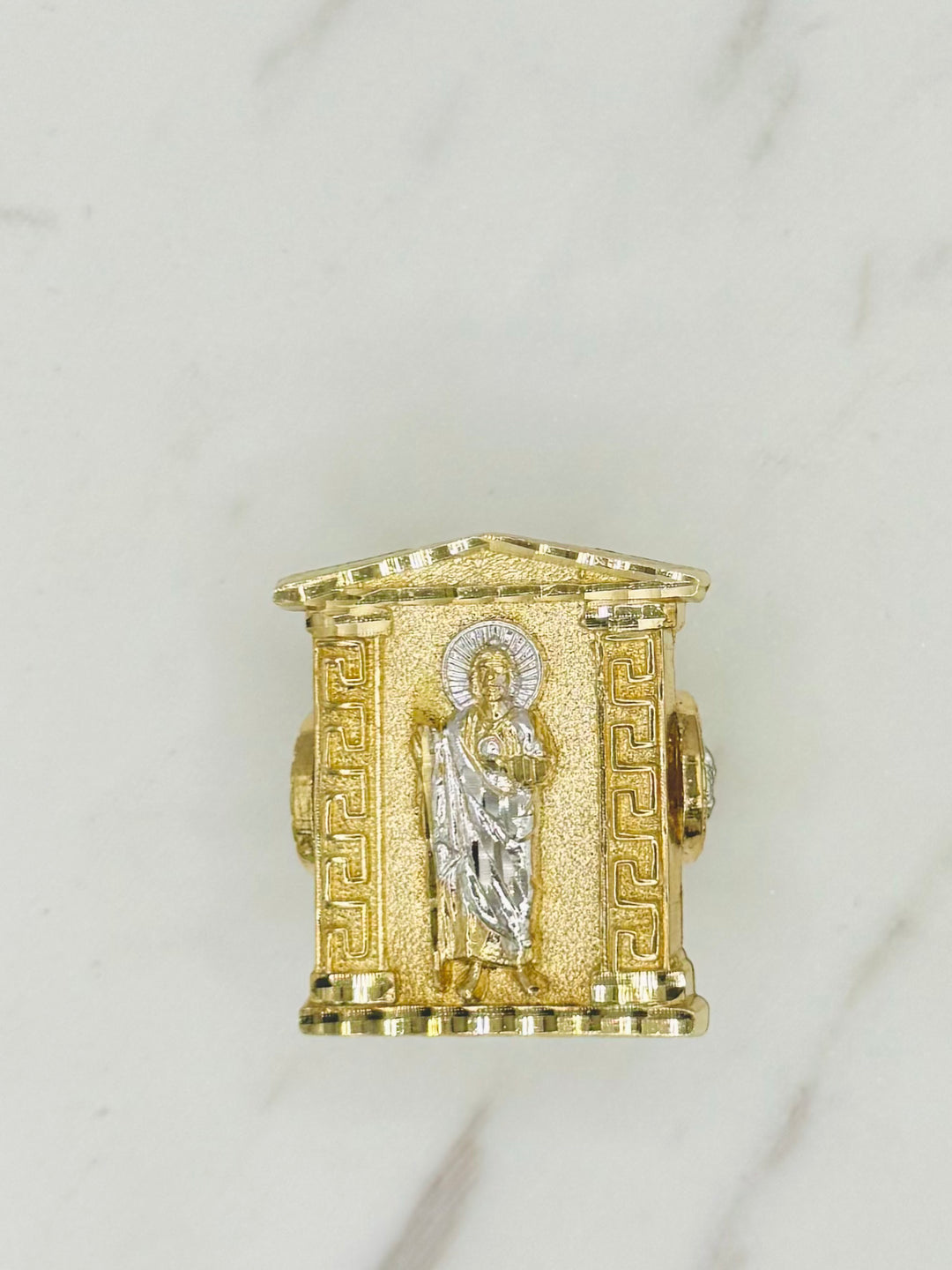 10K YELLOW AND WHITE GOLD SAINT JUDE RING WITH MEDUSA HEAD ON SIDE