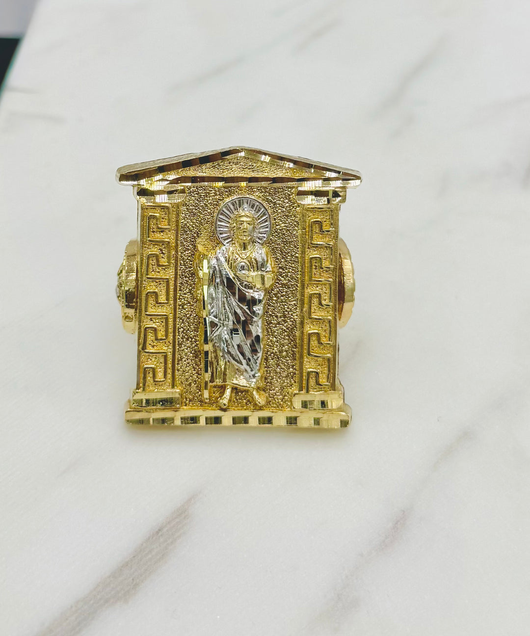 10K YELLOW AND WHITE GOLD SAINT JUDE RING WITH MEDUSA HEAD ON SIDE