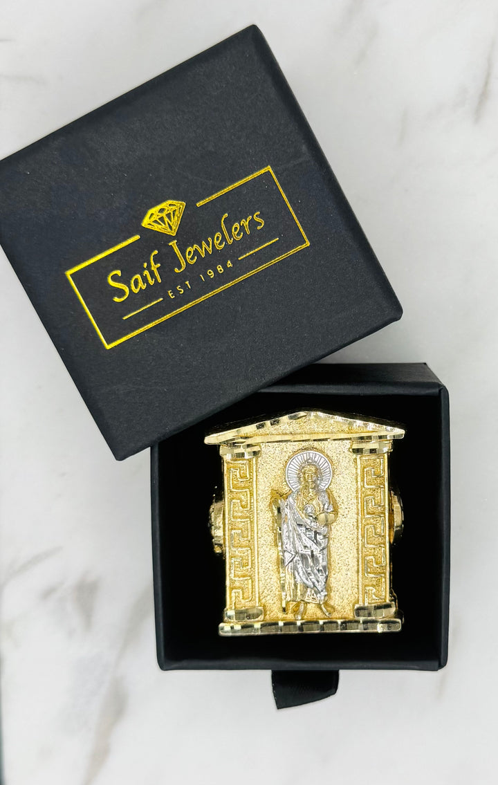 10K YELLOW AND WHITE GOLD SAINT JUDE RING WITH MEDUSA HEAD ON SIDE
