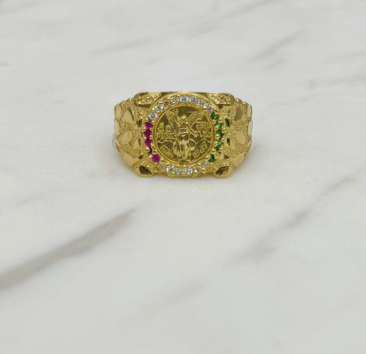 10K Y/G 50 PESOS CENTENARIO COIN NUGGET WITH TRI COLOR STONE RING