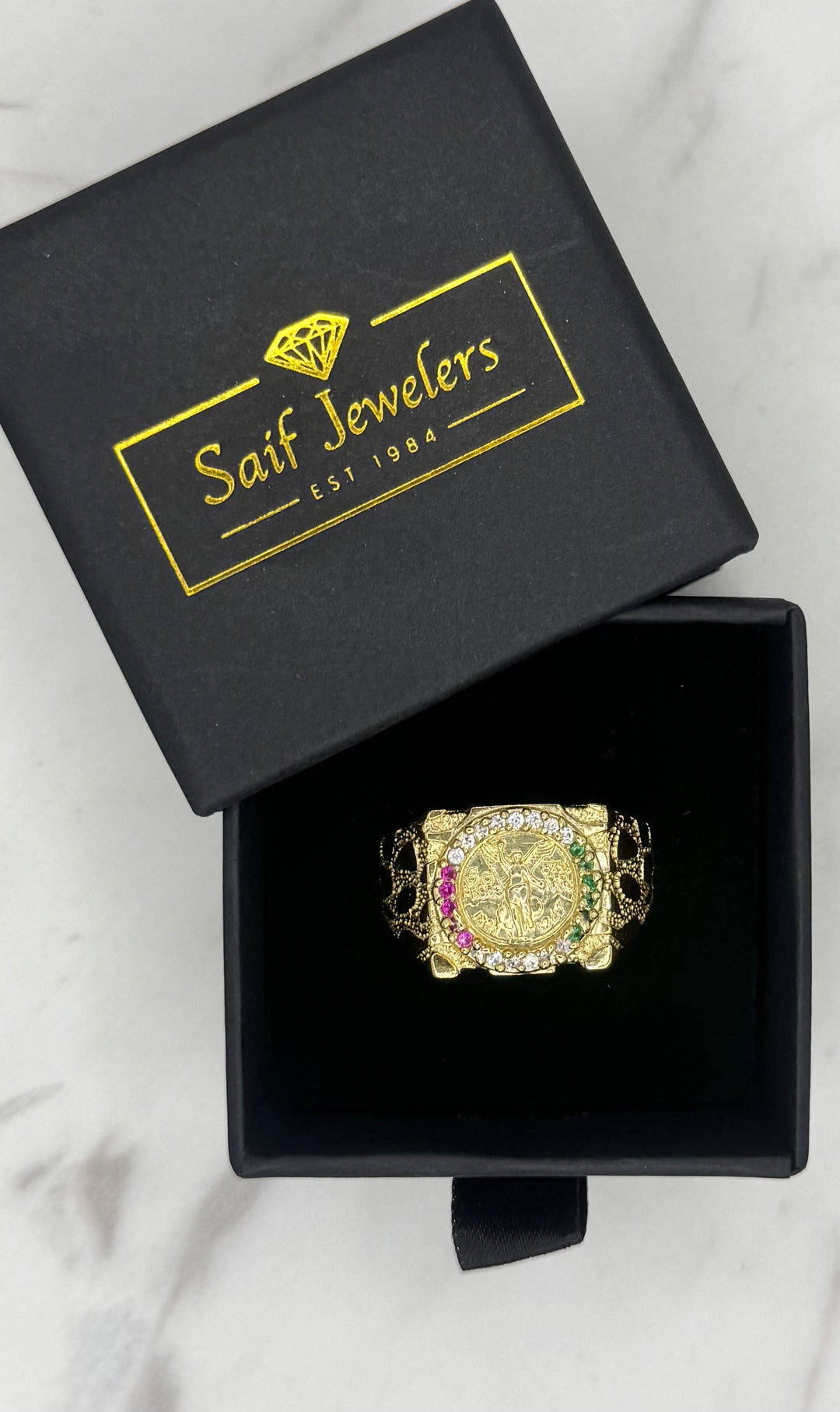 10K Y/G 50 PESOS CENTENARIO COIN NUGGET WITH TRI COLOR STONE RING